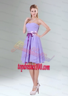Decent Lavender Ruched Mini Length Bridesmaid Dress with Bowknot Sash