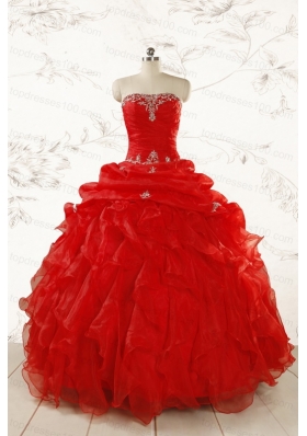 2015 Ball Gown Strapless Beading and Ruffles Red Sweet 15 Dresses