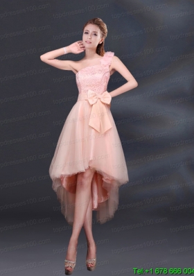 2015 Bowknot High Low Lace Up Prom Dress with One Shoulder  for Christmas Party