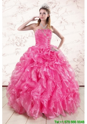 2015 Pretty Hot Pink Quinceanera Dresses with Appliques and Ruffles