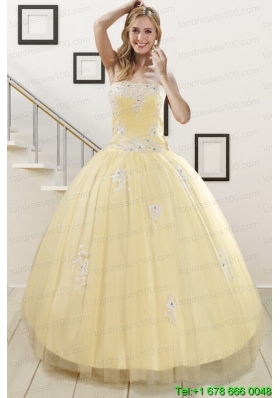 Cheap Light Yellow Sweet 16 Dresses with White Appliques