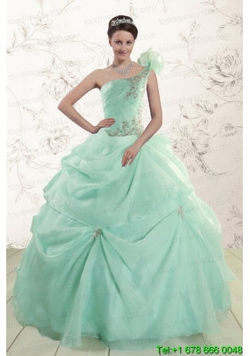 2015 Apple Green One Shoulder Custom Made Quinceanera Dresses with Appliques