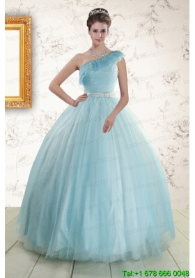 Custom Made One Shoulder Light Blue Quinceanera Dress for 2015