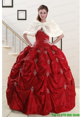 Custom Made Strapless Appliques Wine Red Quinceanera Dresses for 2015