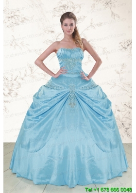 2015 In Stock Aqua Blue Strapless Sweet 15 Dress with Appliques