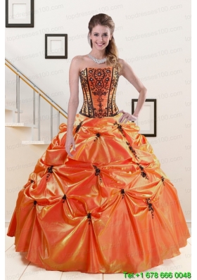 2015 In Stock Orange Red and Black Quinceanera Dresses with Appliques