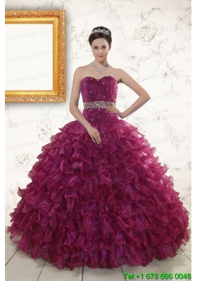 Beading and Ruffles In Stock Burgundy Quinceanera Gown