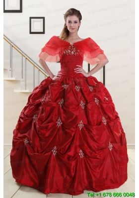 Wine Red Strapless 2015 In Stock Quinceanera Dresses with Appliques