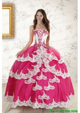 2015 Hot Pink Strapless Puffy Quinceanera Dresses with Appliques