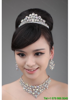 Alloy And Clear Colorful Rhinestone Jewelry Set With Crown Necklace And Earrings