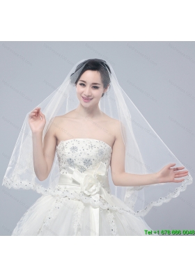 Angle Cut Two Tier Lace Appliques Edge Chapel Bridal Veils