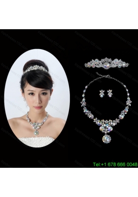 Multi Color Crystal Round Shaped Jewelry Set Including Necklace Tiara