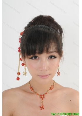 Red Rhinestone Dignified Necklace And Earring Set For Ladies