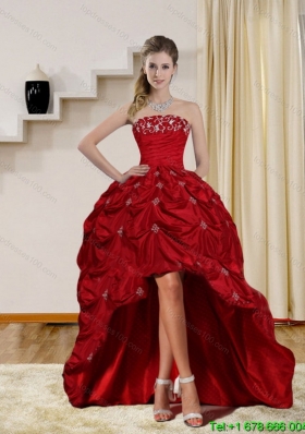 2015 Junior Strapless Red Prom Dresses with Embroidery and Pick Ups