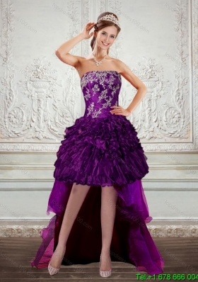 Dark Purple Strapless Junior Prom Dresses with Embroidery and Ruffles