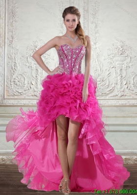 2015 Hot Pink High Low Sweetheart Prom Dresses with Beading and Ruffled