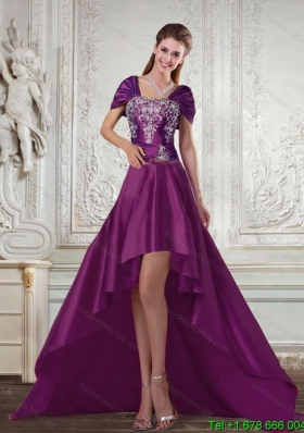 Dark Purple High Low Strapless Embroidery Prom Dresses for 2015