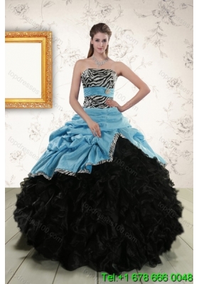 2015 Zebra Print Multi Color Strapless Quinceanera Dresses with Ruffles and Pick Ups