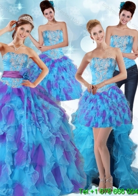 Multi Color Strapless Quinceanera Dress with Ruffles and Sash