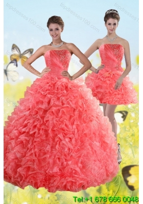 Watermelon Strapless 2015 Quince Dresses with Beading and Ruffles