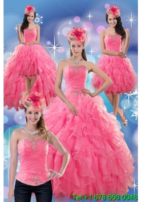 2015 Beautiful Rose Pink Strapless Dresses for Quince with Ruffles and Beading