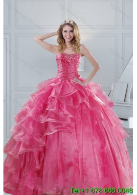 2015 Gorgeous Pink Strapless Sweet 15 Dresses with Beading and Ruffles