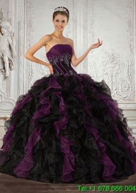 Strapless Multi Color Puffy Quinceanera Dress with Ruffles and Embroidery