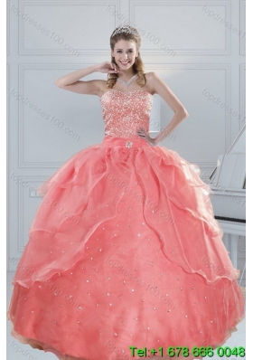 2015 Fabulous Puffy Watermelon Quinceanera Dresses with Beading