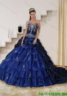 2015 Puffy Detachable Embroidery and Beaded Strapless Quinceanera Dress in Navy Blue