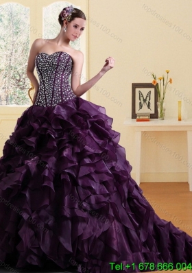 2015 Puffy Elegant Sweetheart Burgundy Quinceanera Dress with Ruffles and Beading