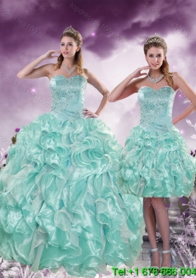 2015 Puffy Fashionable Beading and Ruffles Aqual Blue Quince Dresses