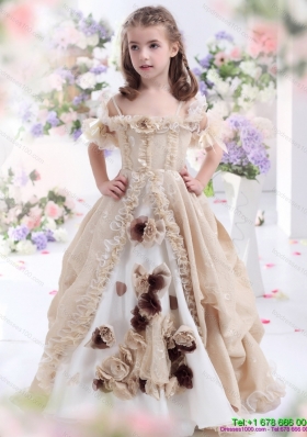 Champagne Spaghetti Straps Little Girl Pageant Dresses with Hand Made Flowers and Ruffles