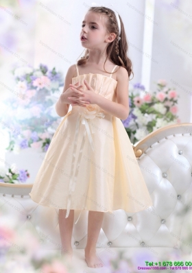 Champagne Spaghetti Straps Little Girl Pageant Dresses with Waistband and Hand Made Flower