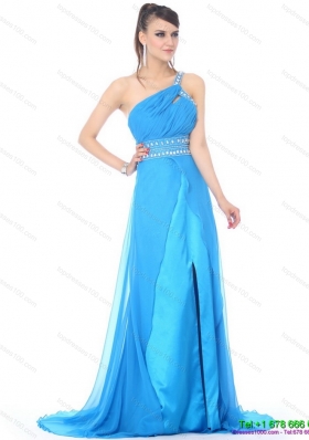 Elegant 2015 One Shoulder Blue Long Prom Dress with Rhinestones