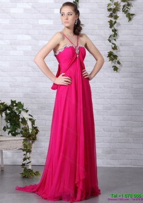 Elegant Modern Hot Pink Halter Top Prom Dress with Brush Train