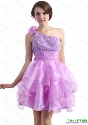 Elegant One Shoulder Lilac Prom Dresses with Beading and Hand Made Flower