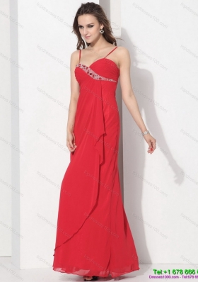 Elegant Red Spaghetti Straps Prom Dresses with Ruching and Beading