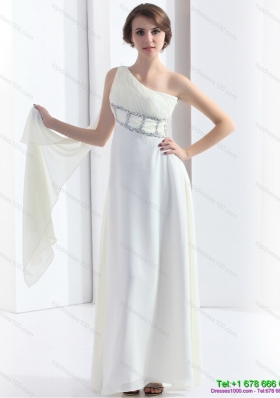Elegant 2015 New Style One Shoulder White Prom Dress with Watteau Train and Beading