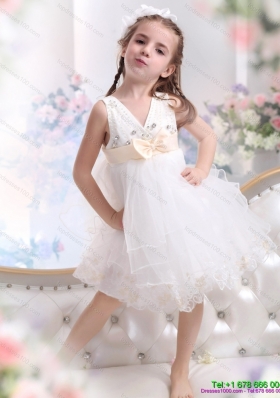 Beading Ruffled 2015 White Little Girl Pageant Dress with Bownot