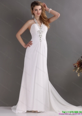 Elegant 2015 Halter Top White Prom Dress with Ruching and Beading
