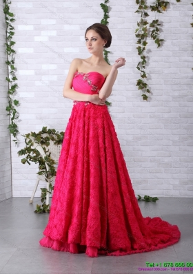 Elegant Brush Train 2015 Prom Dress with Ruching and Beading