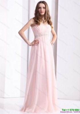 Modest Baby Pink Strapless Prom Dresses with Ruching and Beading