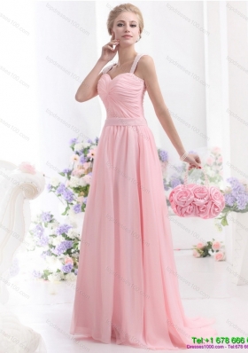 Elegant Remarkable 2015 Baby Pink Prom Dress with Brush Train and Ruching