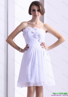 White Strapless Prom Dresses with Ruching and Hand Made Flower