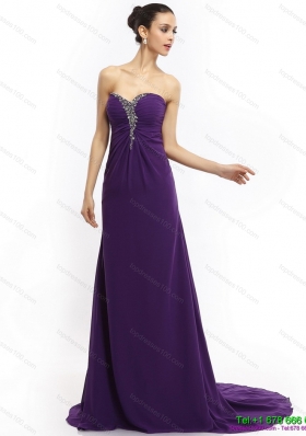 New Style 2015 Brush Train Sweetheart Prom Dress with Ruching and Beading