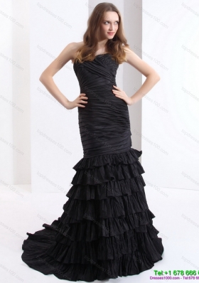2015 Brush Train Pleated Black Prom Dresses with One Shoulder and Ruffled Layers