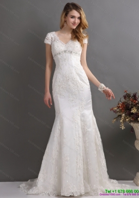 2015 Luxurious Bateau Beach Wedding Dress with Lace and Beading