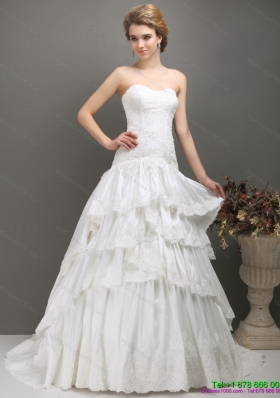 White Sweetheart Brush Train Wedding Dresses with Ruffled Layers