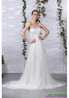 2015 Luxurious Ruffled White Strapless Wedding Gowns with Brush Train
