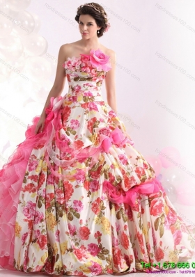 Luxurious Ruffles Multi Color Wedding Dresses with Brush Train and Hand Made Flowers
